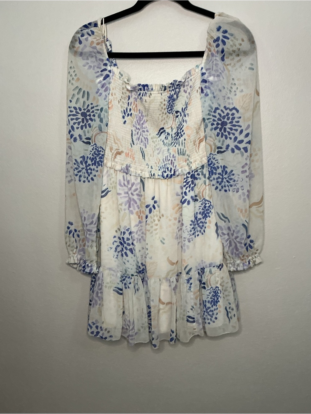 Anthropologie Floral Smocked Peasant Dress in Blue and Cream
